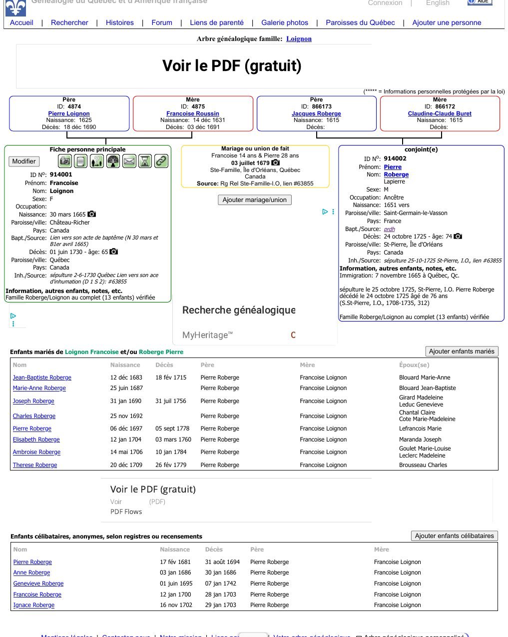Fiche NosOrigines Roberge-Loignon, 13 enfants