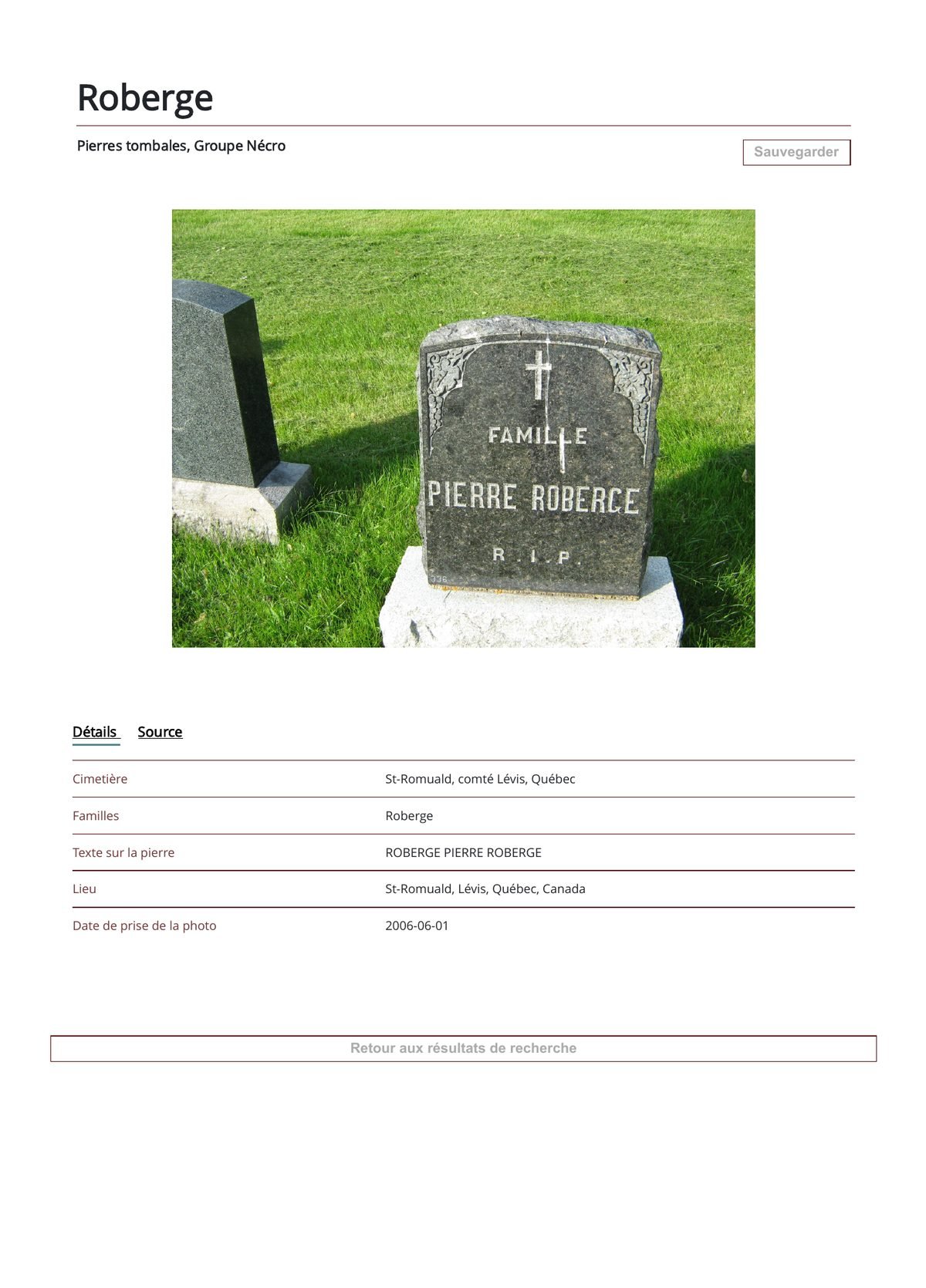 Pierre tombale Famille Pierre Roberge, St-Romuald