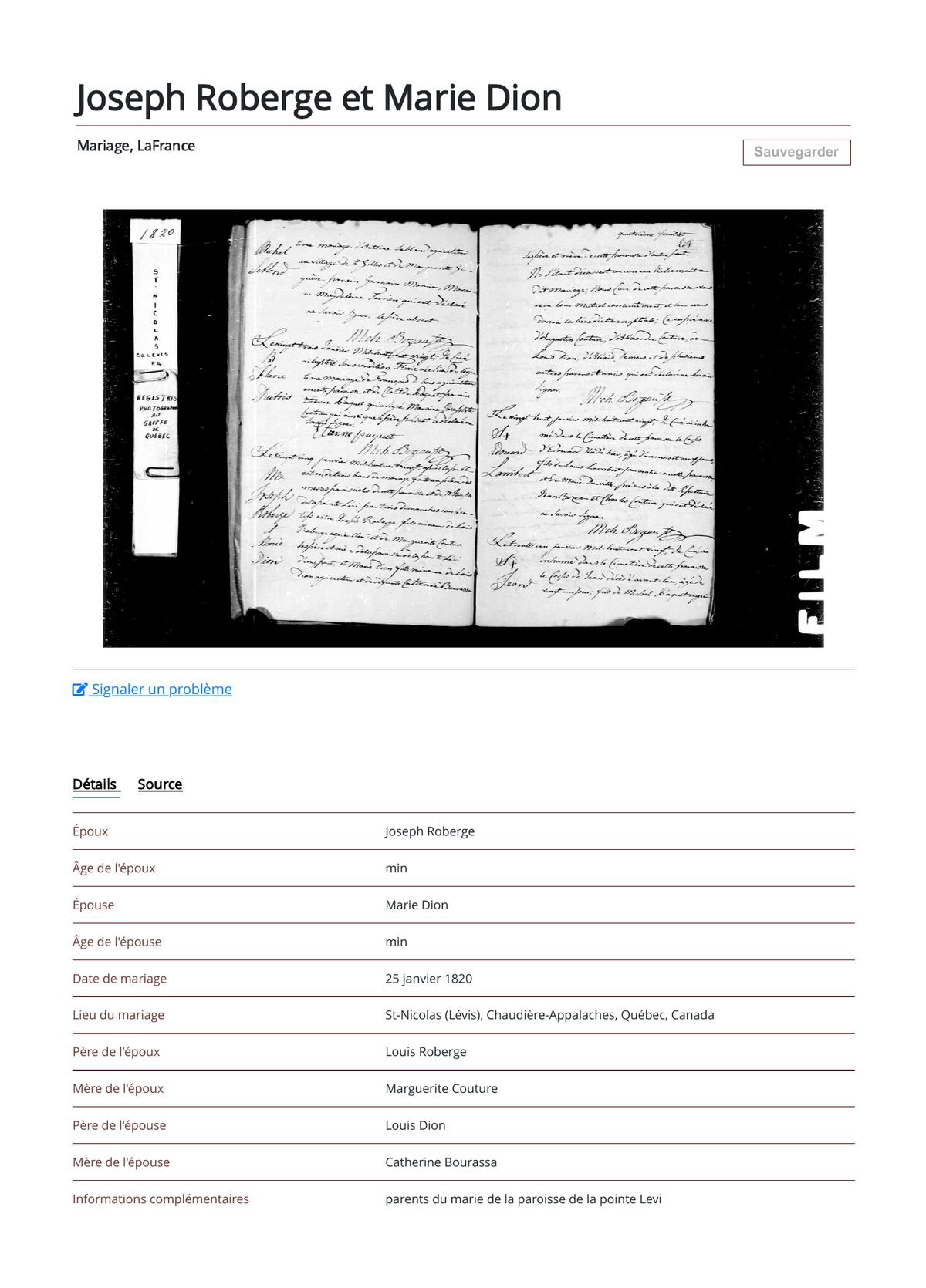 Fiche LAFRANCE du mariage Roberge-Dion, 1820