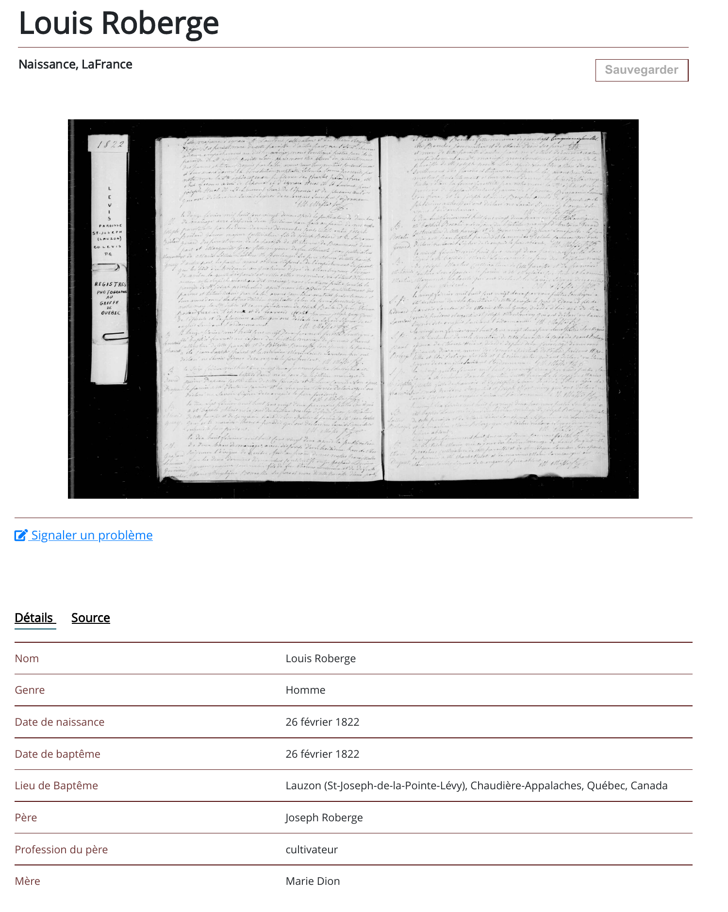 Baptême de Louis Roberge, 26 février 1822 — fiche LAFRANCE et registre