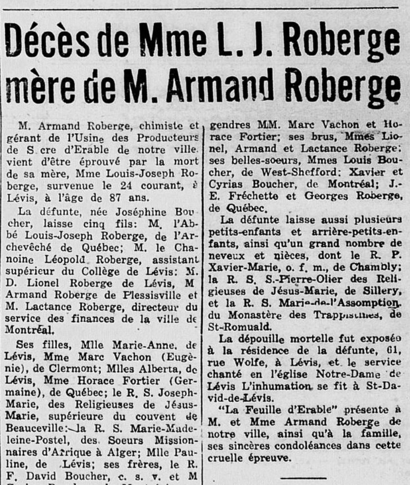 Nécrologie de Joséphine Boucher, La Feuille d'Érable, 31 janvier 1952